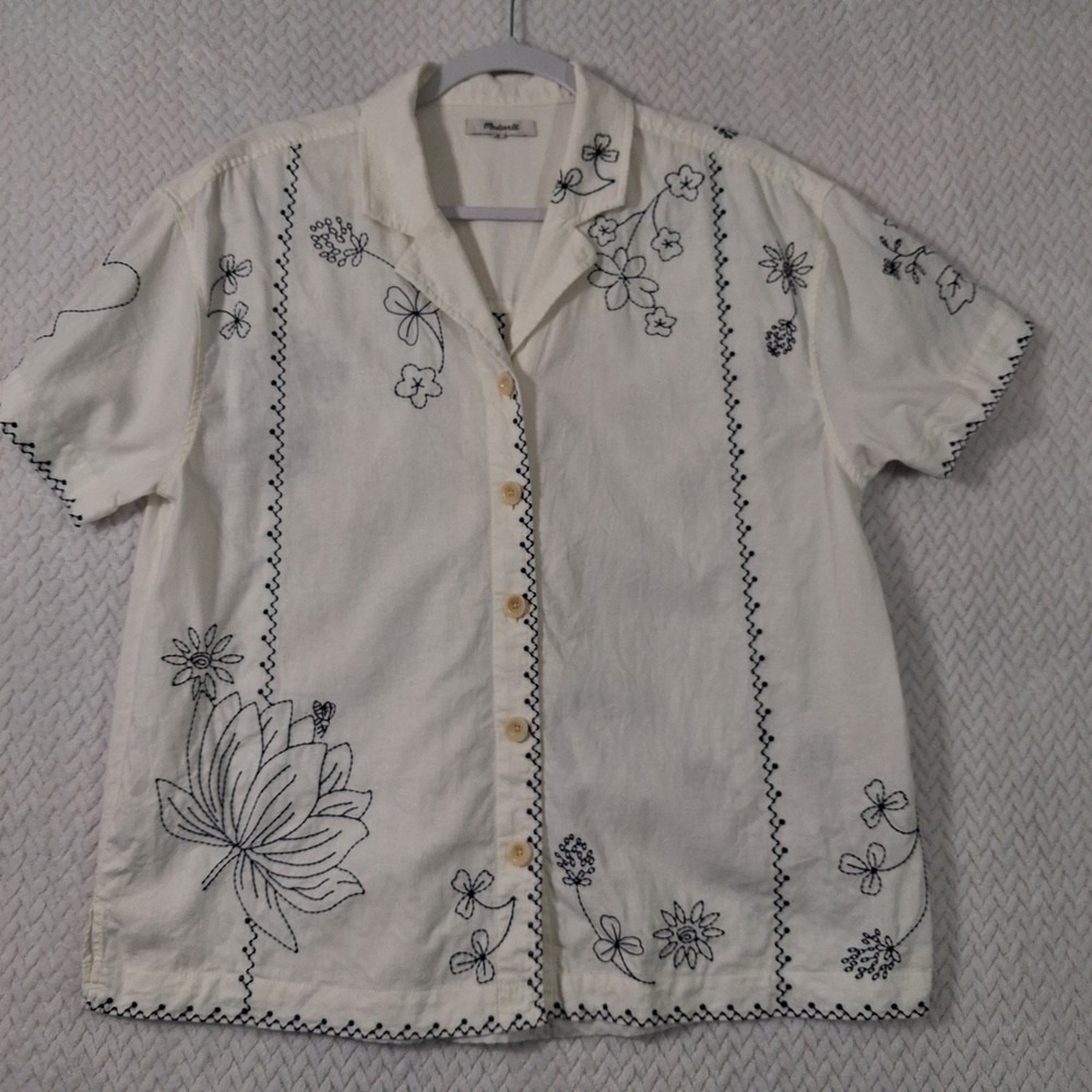 Madewell Embroidered Linen Blend Camp Shirt Women M Ivory